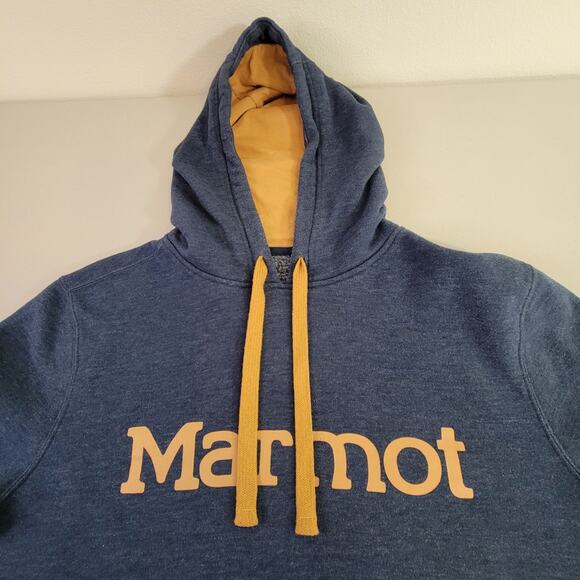 Marmot Mens Drawstring Hoodie Kangaroo Pocket Blue Tan Size Medium - Picture 4 of 12